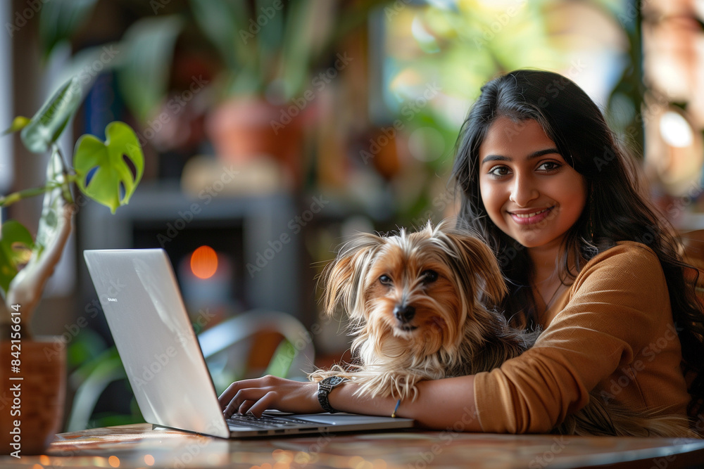 Happy Indian Woman Working on Laptop with Small Dog in Bright Home Office Happy Indian Woman Working on Laptop with Small Dog in Bright Home Office