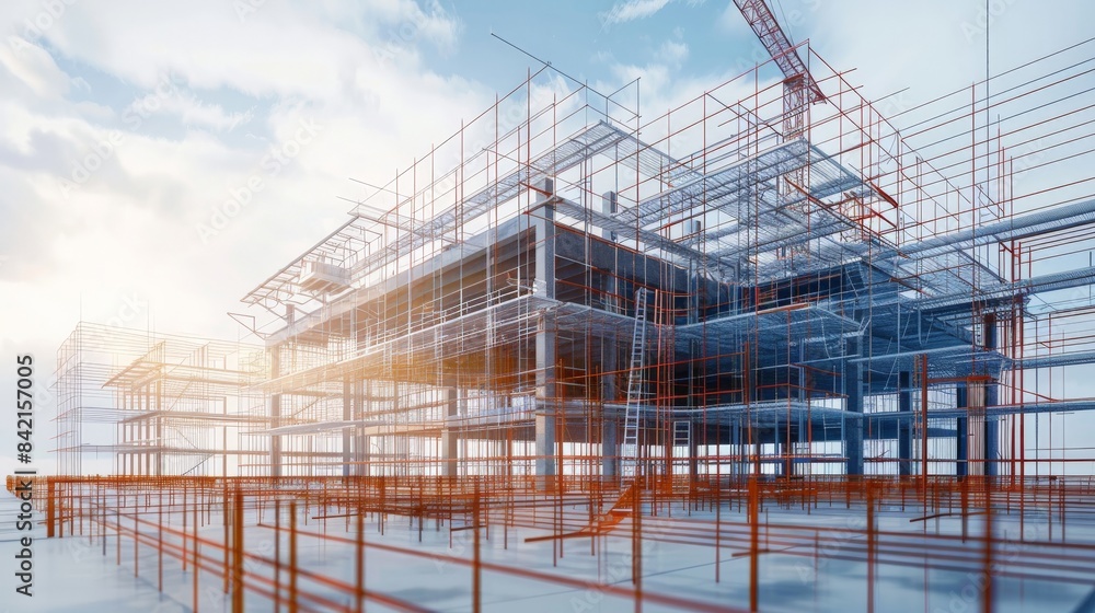 3D simulation of a construction site with detailed visualization of the structural framework, showcasing the complexity and precision of modern building projects. 3D simulation of a construction site with detailed visualization of the structural framework, showcasing the complexity and precision of modern building projects.