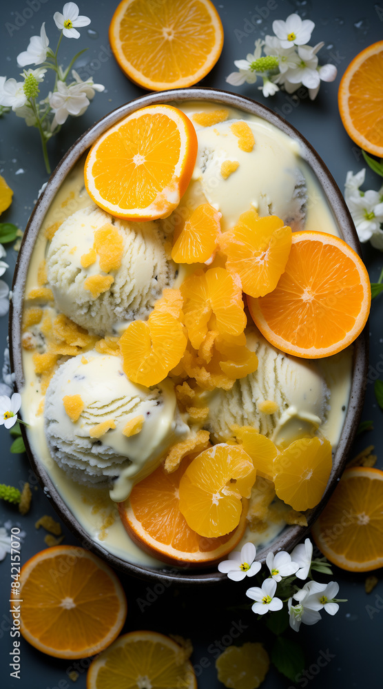 overhead shot of light yellow icecream with some tangerine segments in a grey pot overhead shot of light yellow icecream with some tangerine segments in a grey pot