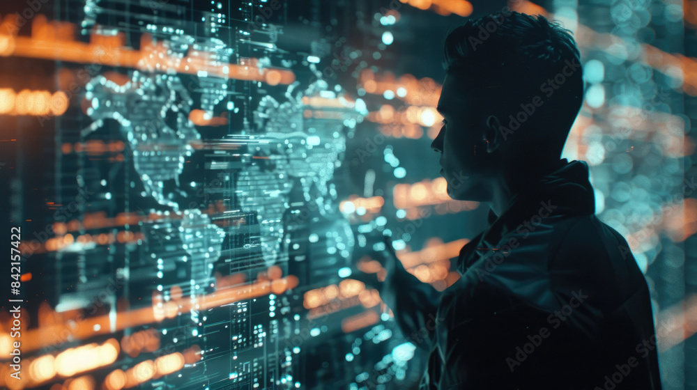 A man is silhouetted against a futuristic digital screen displaying a world map made up of glowing lines and data. He interacts with the screen, seemingly navigating or manipulating the digital world A man is silhouetted against a futuristic digital screen displaying a world map made up of glowing lines and data. He interacts with the screen, seemingly navigating or manipulating the digital world