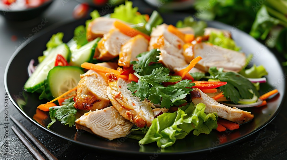 Chinese salad with slices of chicken and vegetables on a black plate. Generative Ai Chinese salad with slices of chicken and vegetables on a black plate. Generative Ai