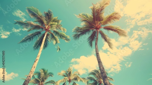Travel concept  blue sky and palm trees  vintage style  tropical beach  summer  vintage style