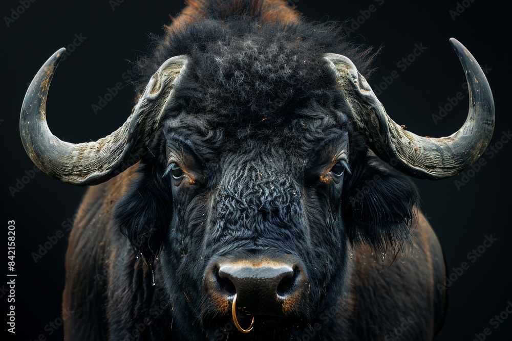 Shocked angry buffalo with a ring in his nose with bulging eyes on solid black background. Shocked angry buffalo with a ring in his nose with bulging eyes on solid black background.