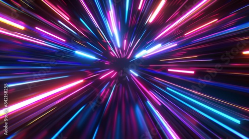 The retro neon hyper warp space in the tunnel is a 3D illustration of abstract flight in retro neon hyper warp space