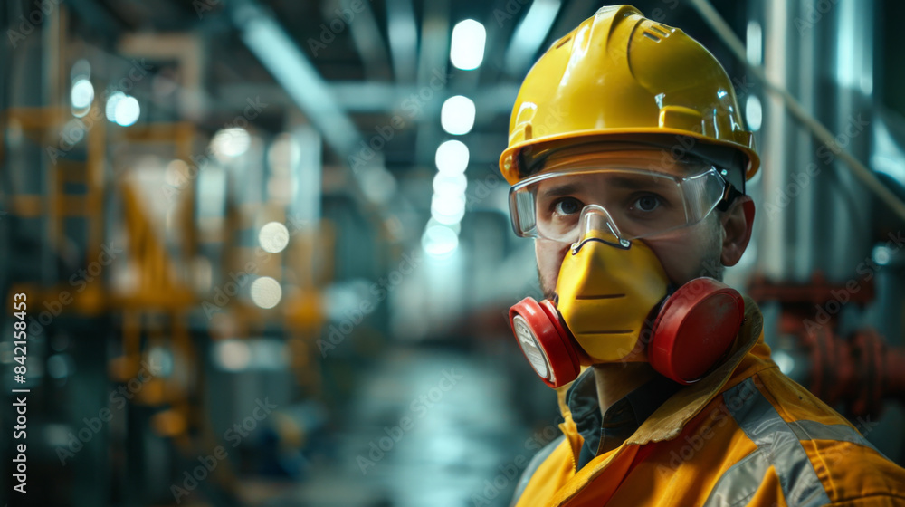 Close-up of a worker in a safety helmet, goggles, and respirator in an industrial setting with blurred background. Close-up of a worker in a safety helmet, goggles, and respirator in an industrial setting with blurred background.
