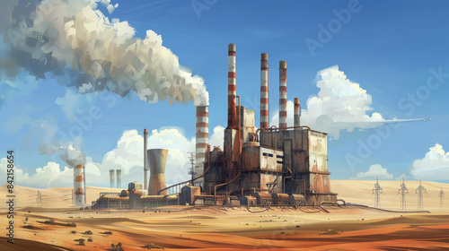 A large industrial complex with smokestacks and pipes is situated in a desert environment. The sky is blue with white clouds  and the ground is covered in sand