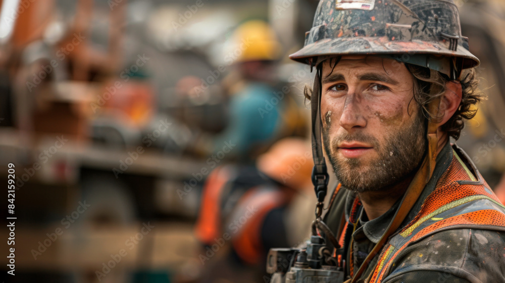 A rugged construction worker with a dirty face and hard hat looking determined at a construction site. A rugged construction worker with a dirty face and hard hat looking determined at a construction site.