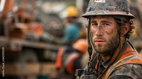 A rugged construction worker with a dirty face and hard hat looking determined at a construction site.
