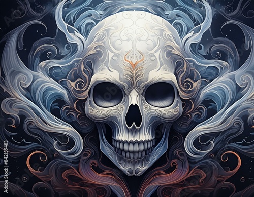  human skull on a black background and smoke swirls