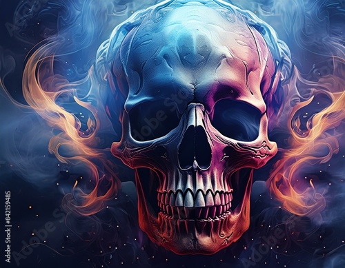  human skull on a black background and smoke swirls
