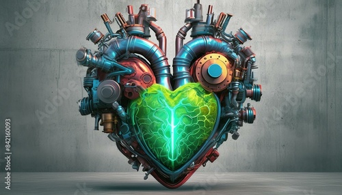 An industrial heart made of rusted metal and hydraulic pistons, set against a smooth, gritty 