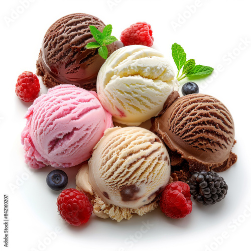 Five scoops of colorful ice cream arranged with fresh berries and mint leaves on a white background  showcasing a delightful dessert.