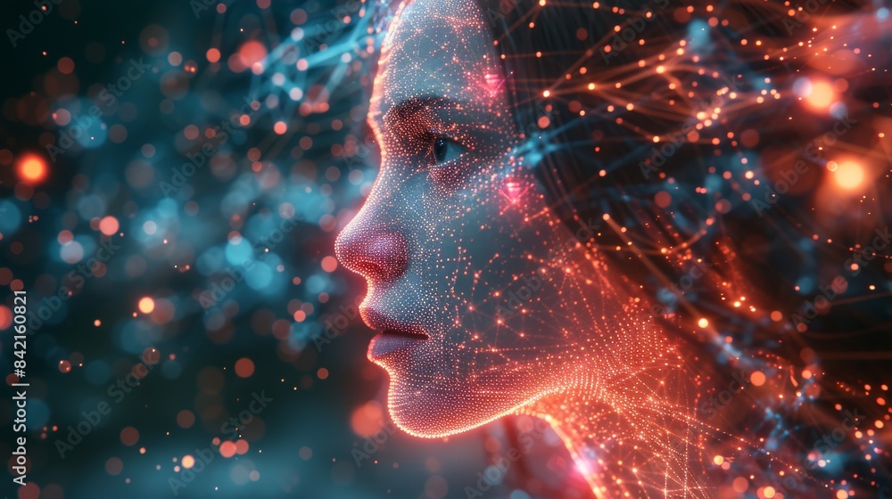 Digital art of a female face with light particles, neural network visualization. Futuristic AI and technology concept Digital art of a female face with light particles, neural network visualization. Futuristic AI and technology concept