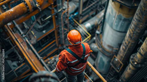 A worker in safety gear and orange helmet surveys a complex industrial facility from a high vantage point, emphasizing industrial safety.