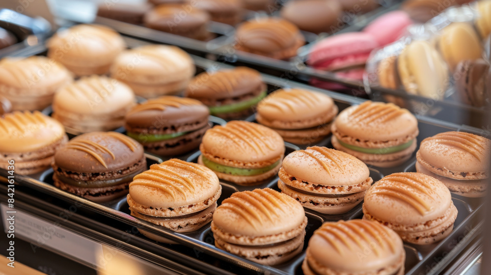 Assorted macarons displayed in a bakery, showcasing a variety of flavors and colors, ideal for dessert lovers and pastry enthusiasts. Assorted macarons displayed in a bakery, showcasing a variety of flavors and colors, ideal for dessert lovers and pastry enthusiasts.