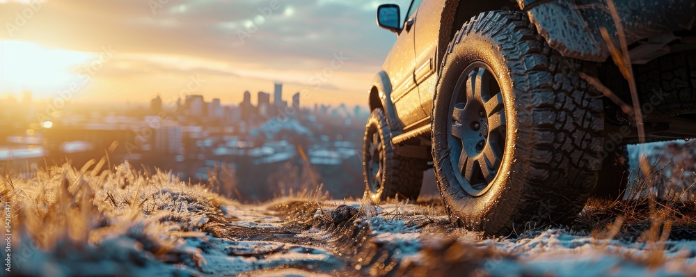 Naklejka premium Dirty tires of a SUV overlooking a cityscape at sunrise