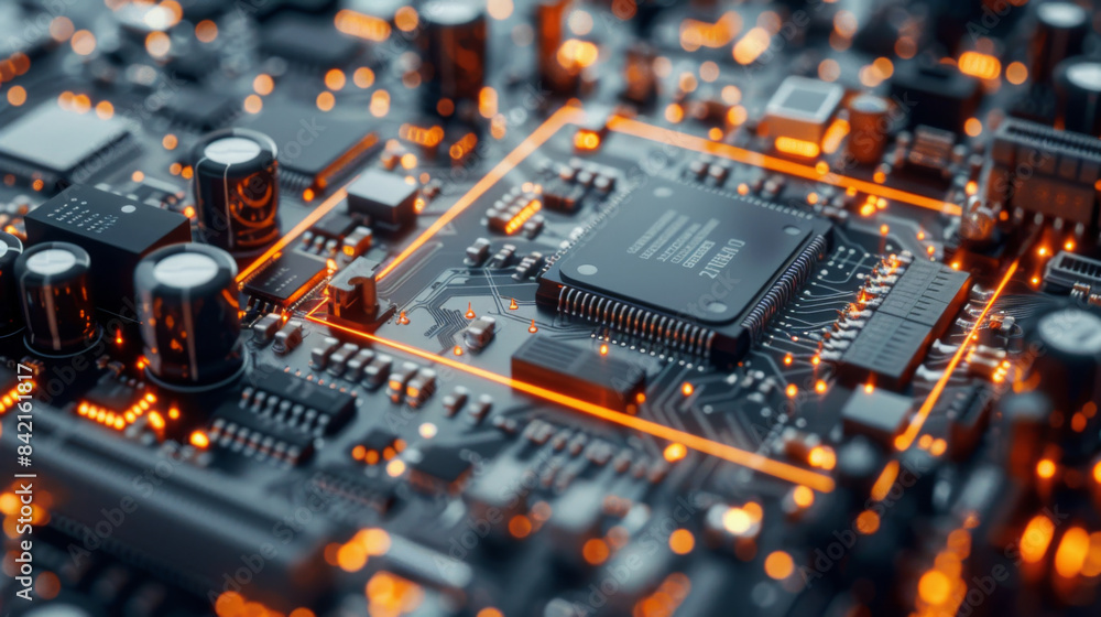Detailed view of a circuit board featuring a microchip, illustrating the complexity of modern electronics. Detailed view of a circuit board featuring a microchip, illustrating the complexity of modern electronics.