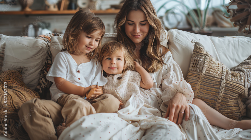 Obraz premium A happy mother sits on a sofa with her two young children, enjoying a warm and loving family moment.