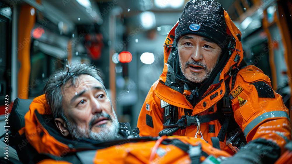 a paramedic during and emergency, unloading patient on oxygen from an ambulance ,generative ai a paramedic during and emergency, unloading patient on oxygen from an ambulance ,generative ai