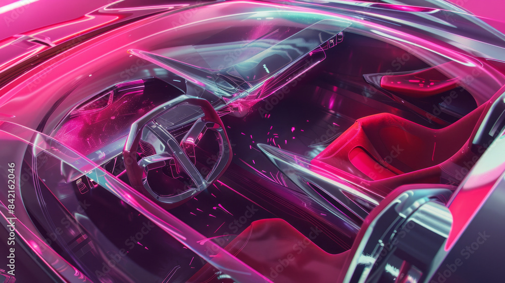 Futuristic concept car interior: pink hues, holographic projections, invisible vents, integrated seats, luxury leather generative ai