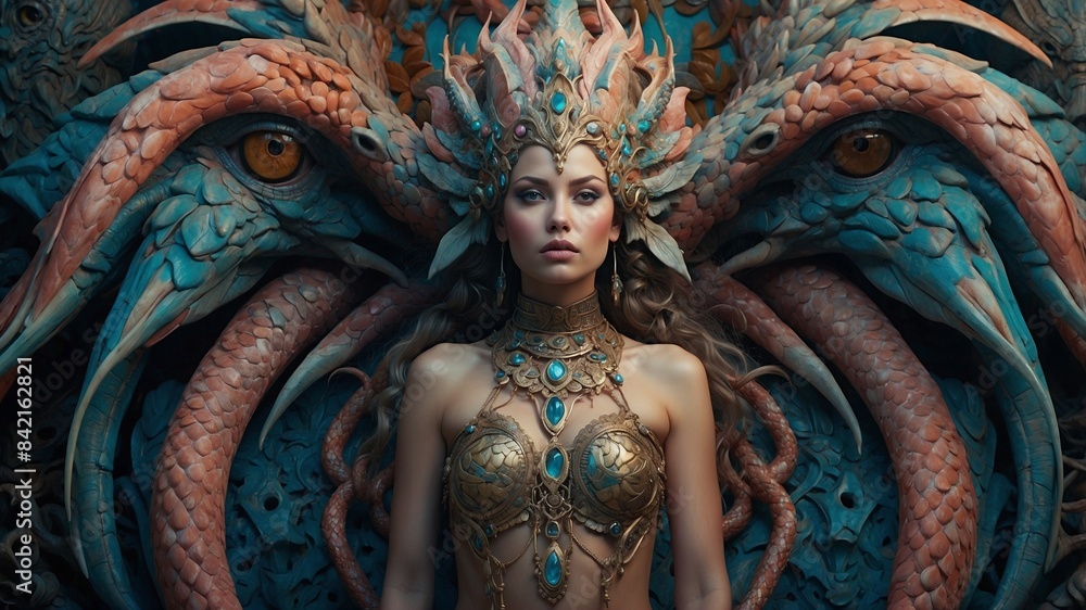 Fototapeta premium statue of a woman with a dragon