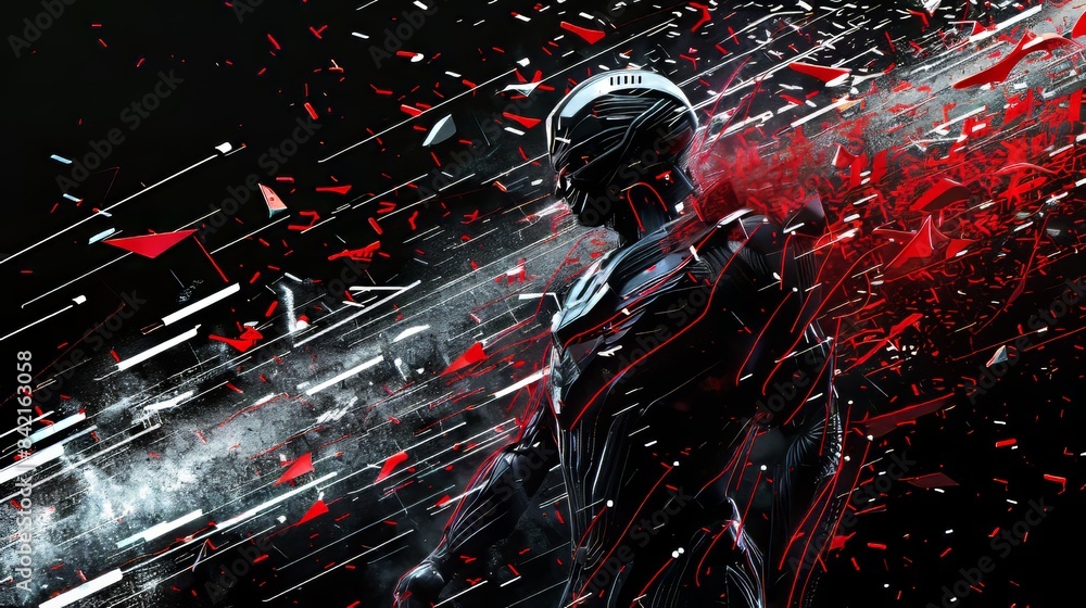A futuristic cyber warrior depicted with explosive effects in a dramatic and intense scene. The dark background contrasts with the vibrant red and metallic elements.