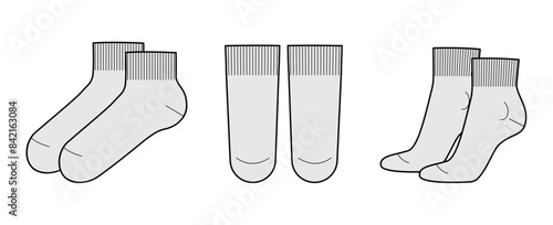 Ankle Socks length set. Fashion hosiery accessory clothing technical illustration stocking. Vector front, side view for Men, women style, flat template CAD mockup sketch outline on white background 