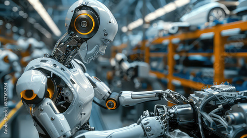 Robot assembling cars in futuristic manufacturing facility