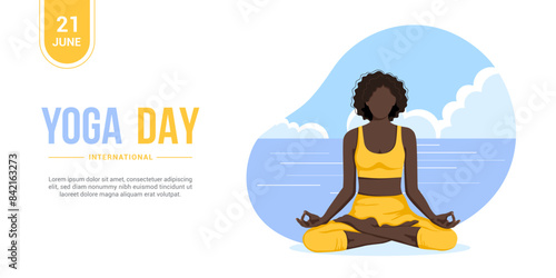 International yoga day. 21 June. Banner depicting a dark-skinned faceless woman in lotus pose against the sea. Yoga is a source of strength and harmony. Background, banner, poster. Vector illustration