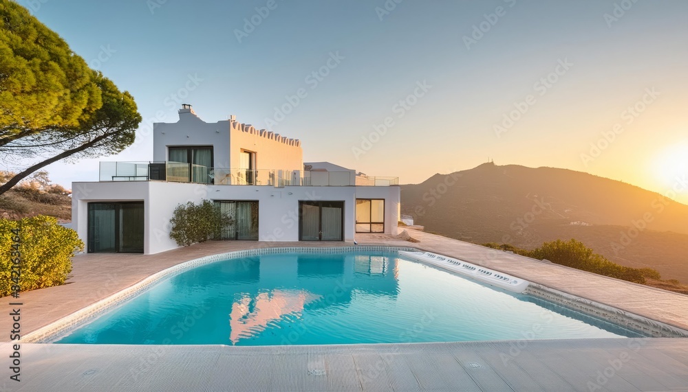 Fototapeta premium Contemporary Villa with Infinity Pool, Sunset Panorama