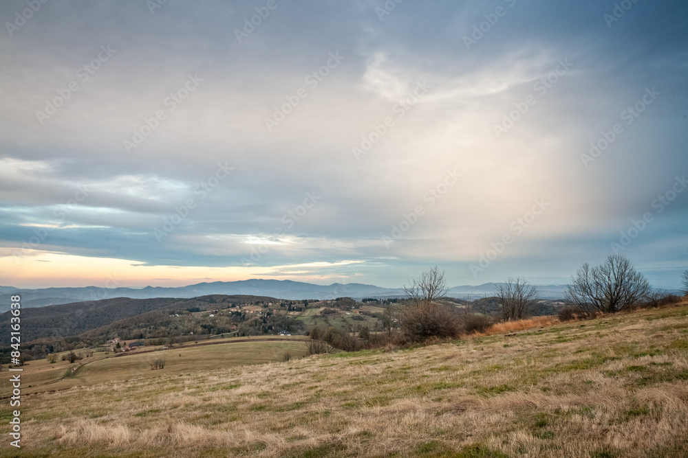 Panorama of the top and summit of Vrh Rajac moutain at dusk in autumn. Rajac is a mountain of Sumadija in Serbia, part of the dinaric alps, a major serbian natural touristic destination. Panorama of the top and summit of Vrh Rajac moutain at dusk in autumn. Rajac is a mountain of Sumadija in Serbia, part of the dinaric alps, a major serbian natural touristic destination.