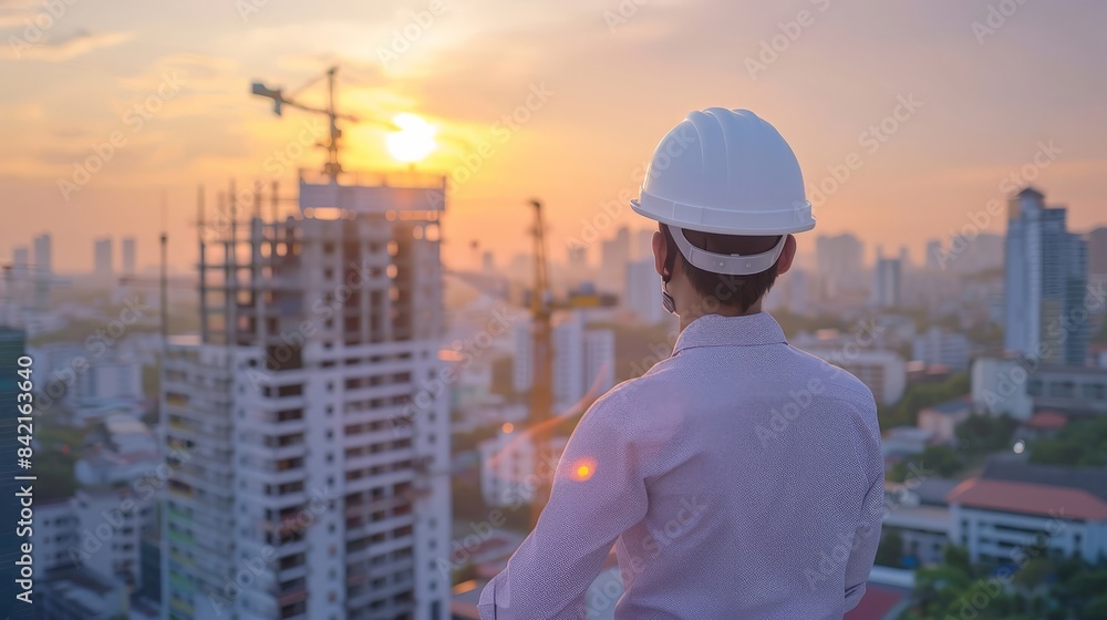 Asian engineer in a white safety helmet inspecting a modern building construction site at sunrise Asian engineer in a white safety helmet inspecting a modern building construction site at sunrise