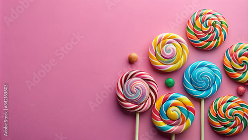 A scattering of bright lollipops and candies in red  pink  yellow  and blue makes a colorful party treat