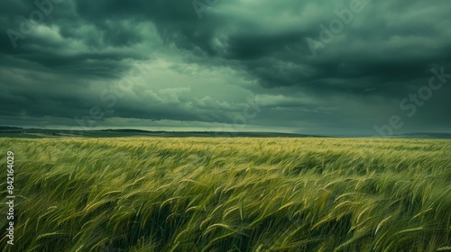 A moody landscape with dark  stormy clouds brewing above a lush green wheat field  evoking a sense of foreboding