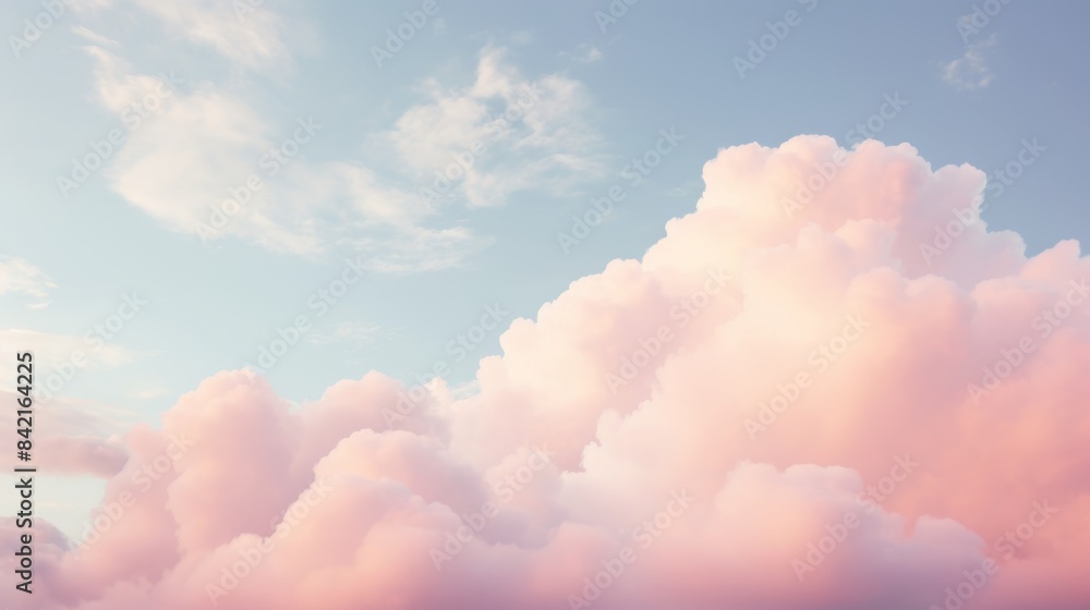 Fluffy clouds painted with hues of pink and blue during a calm sunset or sunrise creating a dreamy skyscape