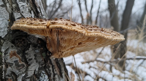 Detailed view of a brown and cream-colored tree fungus growing on the side of a tree trunk, with a blurry winter background