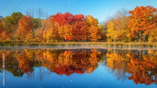 A serene autumn scene with trees in full foliage reflecting their vibrant colors in the calm lake water