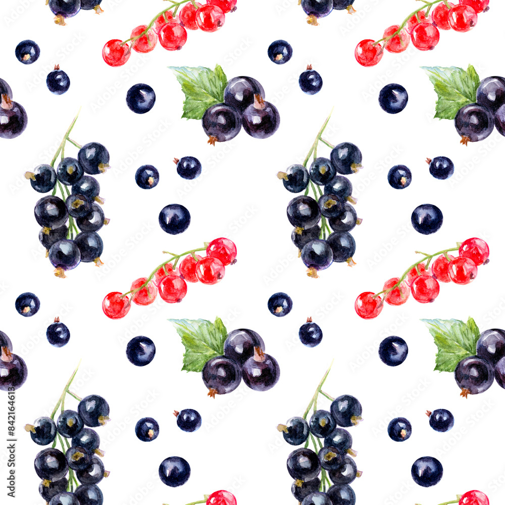Seamless Watercolor Pattern of Red and Black Currants on White Background Decorative, Fresh, Beautiful Design Seamless Watercolor Pattern of Red and Black Currants on White Background Decorative, Fresh, Beautiful Design