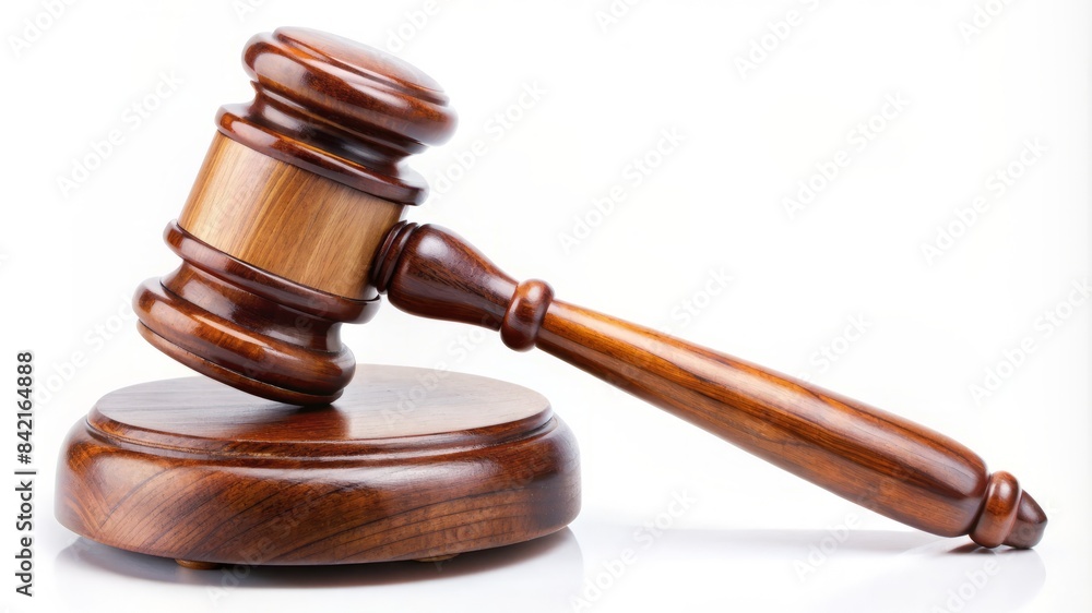 A wooden gavel sits on a wooden base A wooden gavel sits on a wooden base