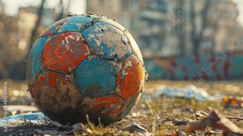 A close-up of an old, worn-out soccer ball on an abandoned field, symbolizing nostalgia and the passage of time.