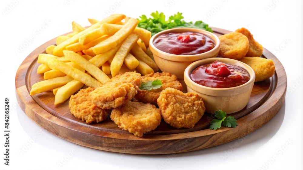 A plate of chicken nuggets and french fries with a red ketchup dipping sauce A plate of chicken nuggets and french fries with a red ketchup dipping sauce