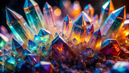 A collection of colorful crystals on a rock photo