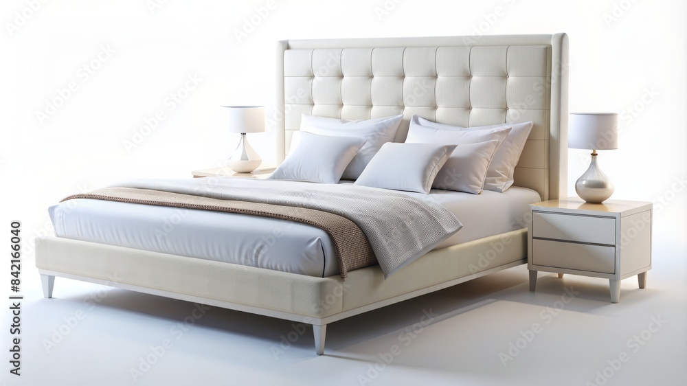 A white bed with a white comforter and pillows A white bed with a white comforter and pillows