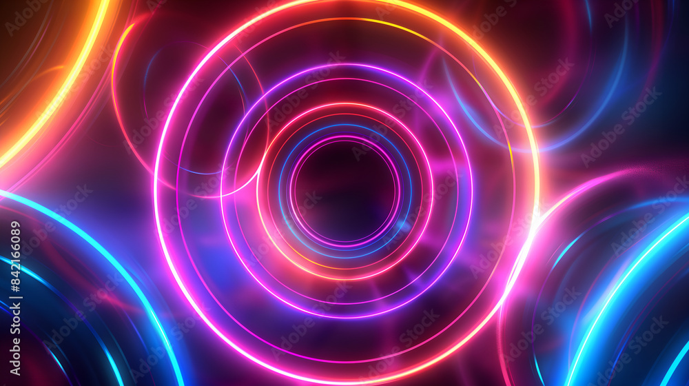 Dynamic background featuring abstract neon glow circles, bright and colorful neon lights arranged in a circular pattern Dynamic background featuring abstract neon glow circles, bright and colorful neon lights arranged in a circular pattern