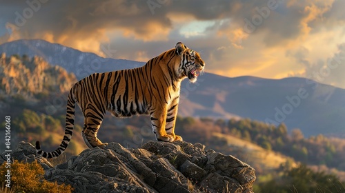 A roaring tiger on a rocky outcrop