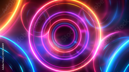 Dynamic background featuring abstract neon glow circles, bright and colorful neon lights arranged in a circular pattern