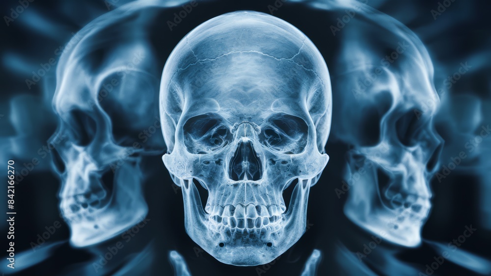 A skull is shown in a blue and white image, AI A skull is shown in a blue and white image, AI