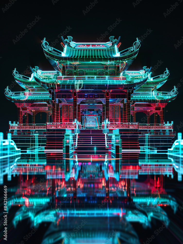 Fototapeta premium Classical Chinese architecture hologram line X-ray technology background 3D rendering 