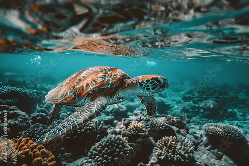 Graceful Sea Turtle Swimming Over Coral Reef