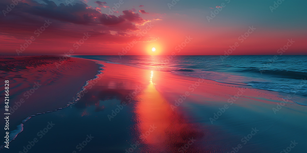 Fototapeta premium Golden Hour Coastal Serenity: Untouched Ocean Views and Warm Sunset Hues